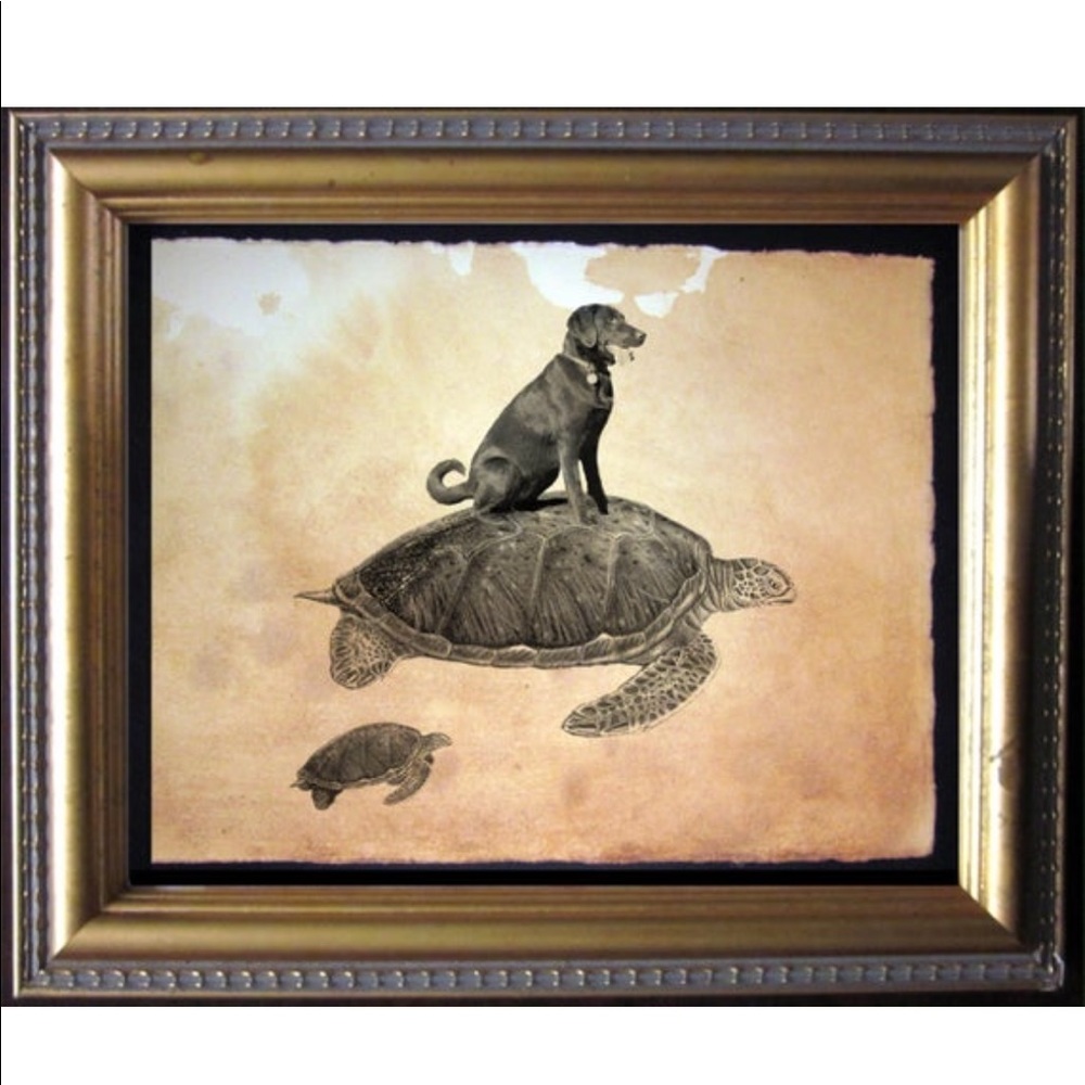 Chocolate Lab on Turtle Wall Art Print Tea Stained